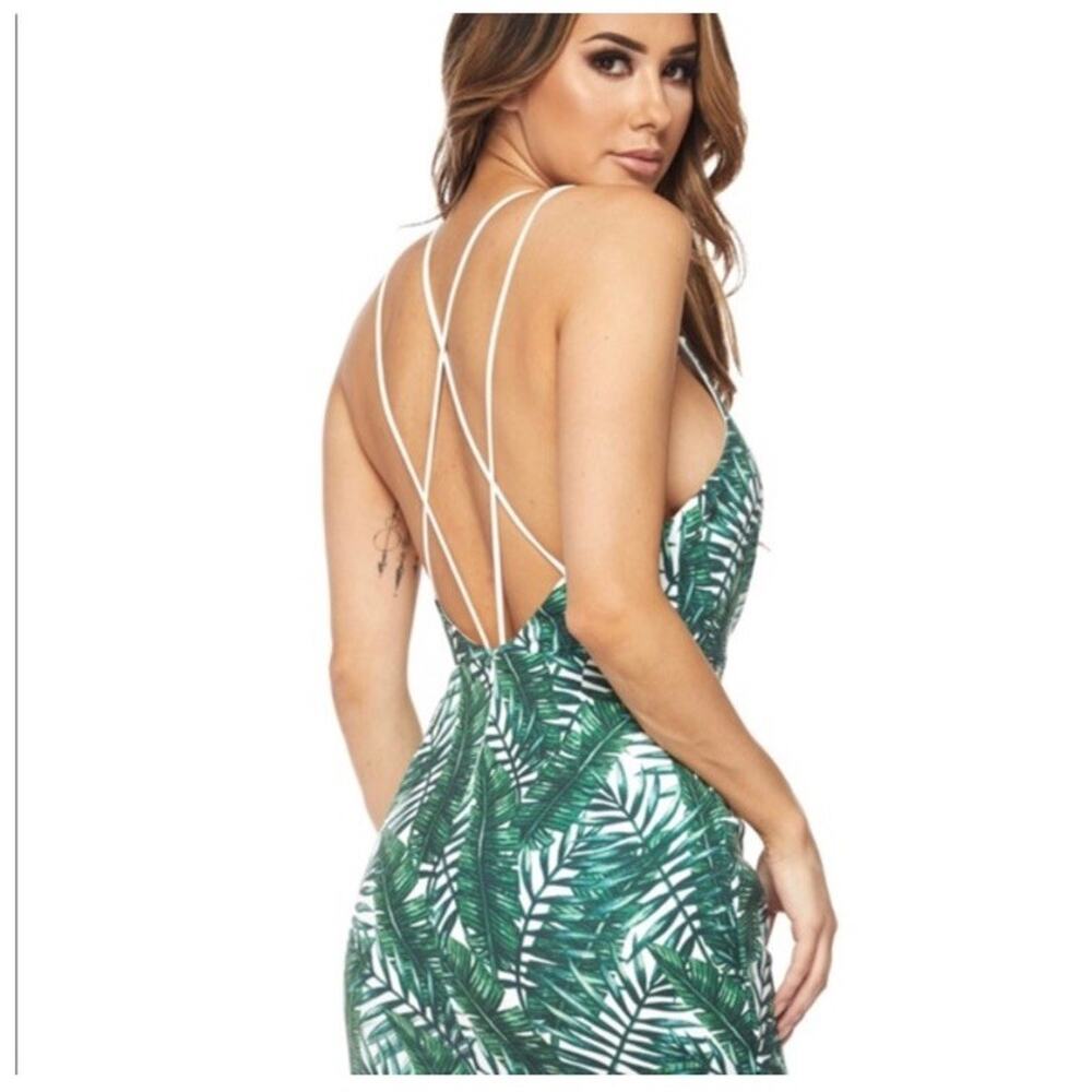 Womens Banjul Dress Small Green White Leaf Tropical Faux Wrap Cross Cross